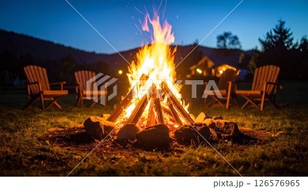 Warm bonfire flames burning bright at night in the dark forest 126576965