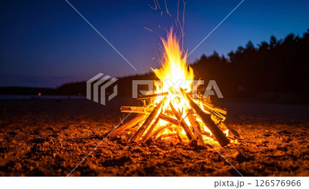 Warm bonfire flames burning bright at night in the dark forest 126576966