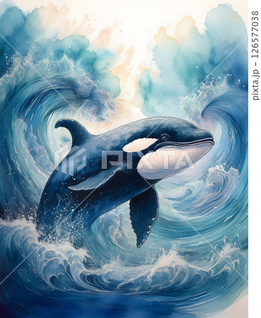 An expressive painting of an orca surfacing amidst dramatic, crashing waves, rendered in a vibrant, fluid style 126577038