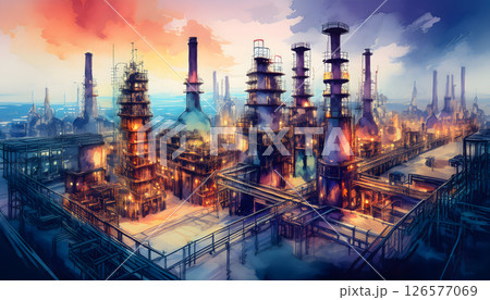 A striking industrial complex with towering structures, pipes, and smoke stacks under a dramatic sky A striking industrial complex with towering structures, pipes, and smoke stacks under a dramatic sky 126577069