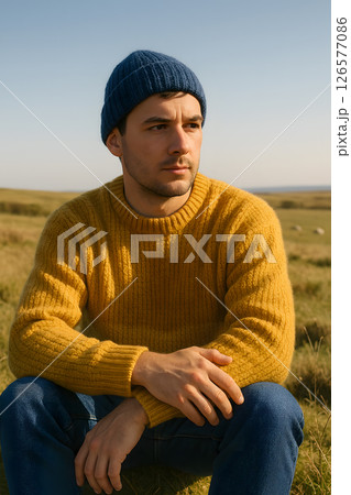A young adult man sits in a grassy field wearing a yellow sweater and blue beanie, looking into the distance outdoors A young adult man sits in a grassy field wearing a yellow sweater and blue beanie, looking into the distance outdoors 126577086
