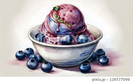 A luscious scoop of berry-flavored ice cream in a white bowl, adorned with fresh blueberries in a watercolor style 126577099