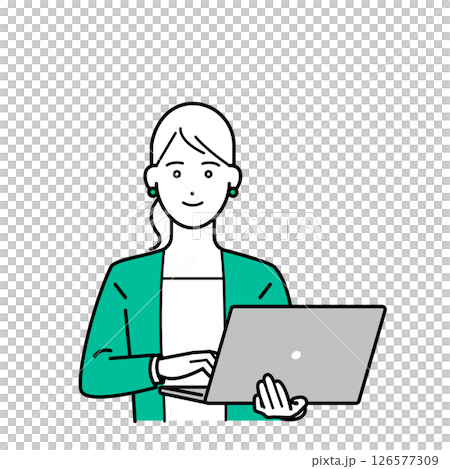 Illustration of a female business person in a suit holding a laptop Illustration of a female business person in a suit holding a laptop 126577309