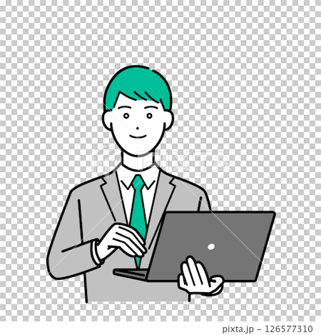 Illustration of a male business person in a suit holding a laptop Illustration of a male business person in a suit holding a laptop 126577310