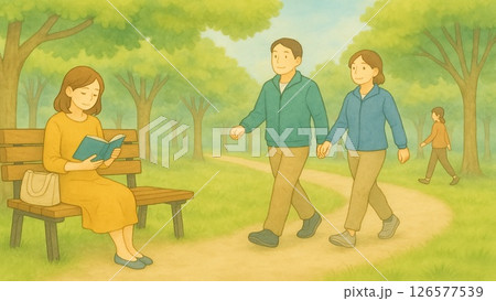 公園の木陰で読書とウォーキングを楽しむ人々（水彩） 126577539