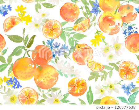 水彩で描いた オレンジと白、黄色の草花の夏用シームレスパターン。背景透過の果物と草花の壁紙。 水彩で描いた オレンジと白、黄色の草花の夏用シームレスパターン。背景透過の果物と草花の壁紙。 126577639