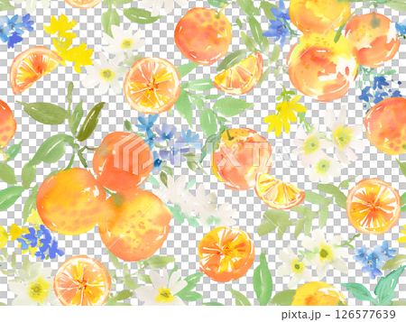 水彩で描いた オレンジと白、黄色の草花の夏用シームレスパターン。背景透過の果物と草花の壁紙。 水彩で描いた オレンジと白、黄色の草花の夏用シームレスパターン。背景透過の果物と草花の壁紙。 126577639