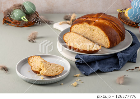Portuguese Easter folar with festive decor Portuguese Easter folar with festive decor 126577776