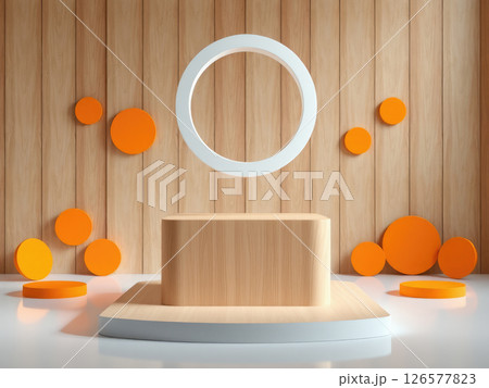 Orange Studio Podium with Geometric and Tropical Elements 126577823