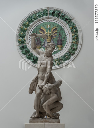 Samson Slaying a Philistine with Ceramic sculpture the Stemma of King Rene of Anjou in the background. 126577879