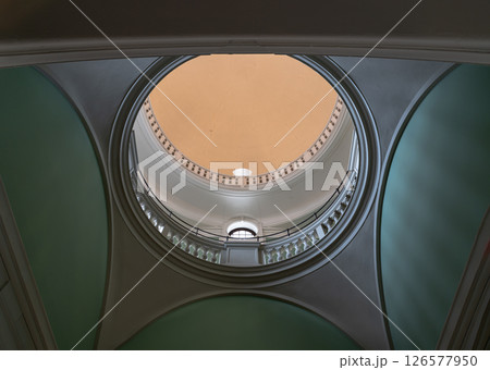 Upward View of multi-level hallway, handrails inside of The V&A Victoria and Albert Museum. 126577950