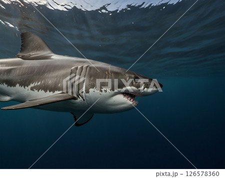 海中を遊泳するホホジロザメ 126578360