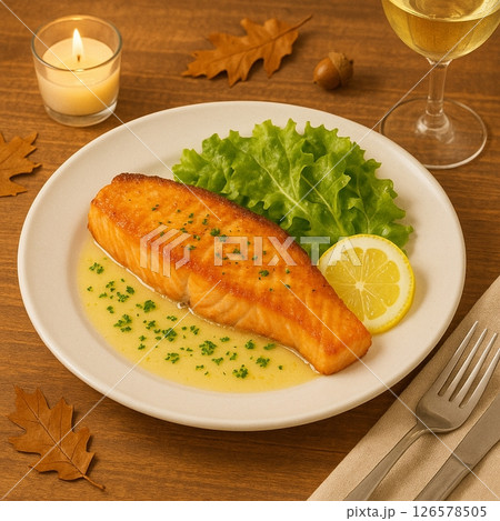 ムニエルとワイン 秋のテーブルスタイル背景画 Generative AI ムニエルとワイン 秋のテーブルスタイル背景画 Generative AI 126578505