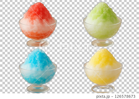 Colorful shaved ice in glass containers, 4 colors, transparent background 126578673