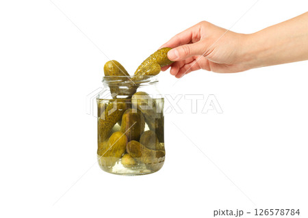 PNG, a can of canned cucumbers, isolated on a white background. 126578784