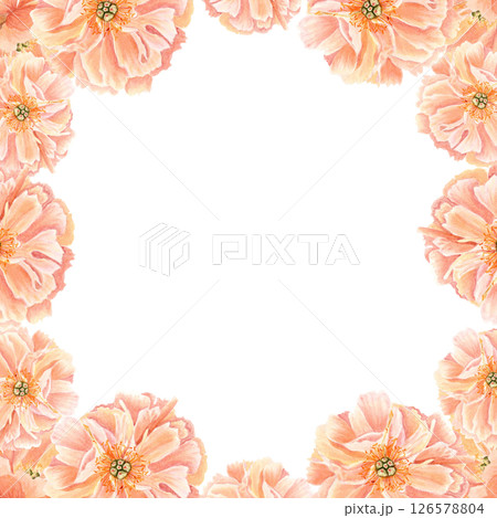 Square floral border of watercolor peach peonies and green leaves, hand-painted for wedding invitations, stationery, elegant branding, packaging, greeting cards, and romantic paper design projects 126578804