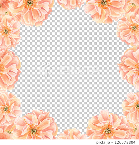 Square floral border of watercolor peach peonies and green leaves, hand-painted for wedding invitations, stationery, elegant branding, packaging, greeting cards, and romantic paper design projects 126578804