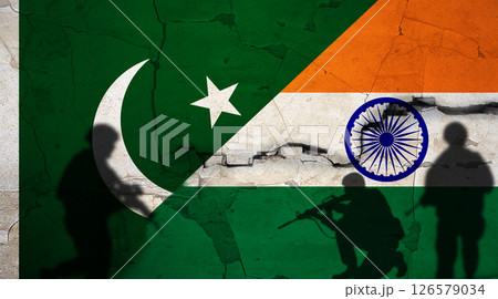 Pakistan vs India flag on cracked wall. Conflict between India and Pakistan concept. Political tension between India and Pakistan Pakistan vs India flag on cracked wall. Conflict between India and Pakistan concept. Political tension between India and Pakistan 126579034
