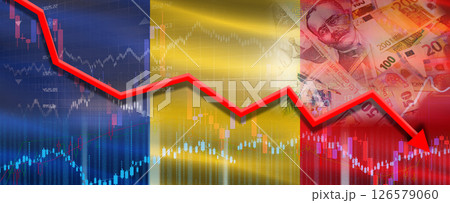 Romania financial crisis on economic graph. Financial fall of Romania on economy market Romania financial crisis on economic graph. Financial fall of Romania on economy market 126579060