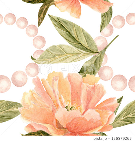 Pink peony flowers leaves surrounded by soft pearls form an elegant repeating design, ideal as a watercolor seamstress pattern. Perfect for fabric prints, wedding decor, feminine branding, packaging 126579265