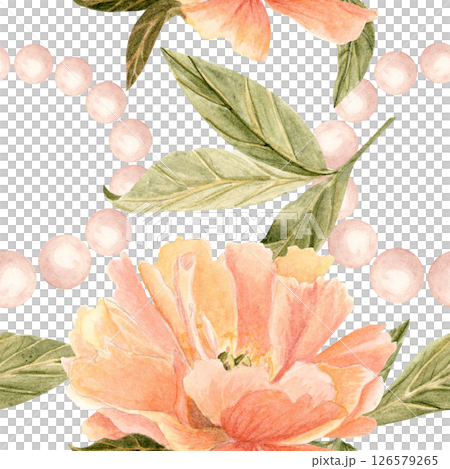 Pink peony flowers leaves surrounded by soft pearls form an elegant repeating design, ideal as a watercolor seamstress pattern. Perfect for fabric prints, wedding decor, feminine branding, packaging 126579265