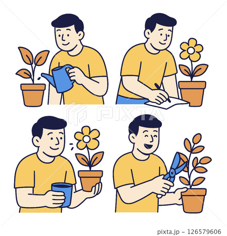 Man caring for plants through watering, writing, and pruning, showcasing gardening steps 126579606