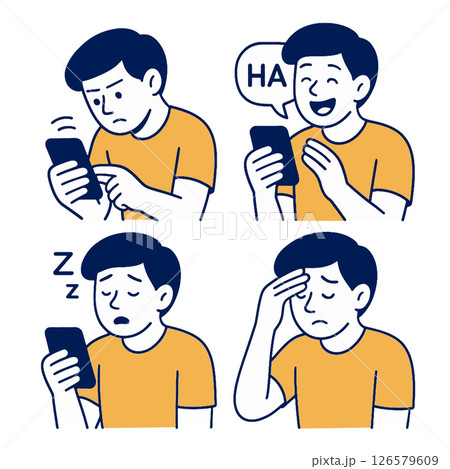 Series of four illustrations showing person experiencing different emotions while using 126579609