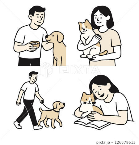Caring pet owners interacting with dogs and cats, showcasing love and companionship 126579613