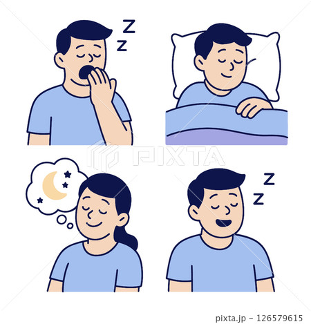 Series of illustrations depicting sleep stages, including yawning, sleeping, dreaming 126579615