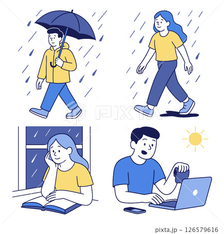 Person walking in rain with umbrella, and another enjoying sunny day indoors 126579616