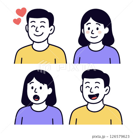 Happy expressions and emotions illustrated in cartoon style, showcasing love and surprise Happy expressions and emotions illustrated in cartoon style, showcasing love and surprise 126579623