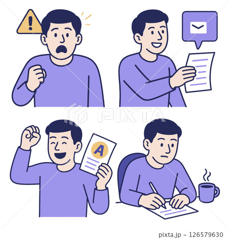 Series of illustrations showing man experiencing various emotions surprise, happiness 126579630