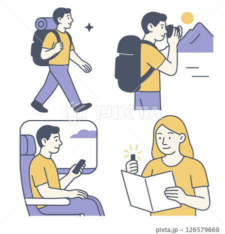 Person hiking, taking photos, traveling, and reading map, showcasing adventure and exploration 126579668