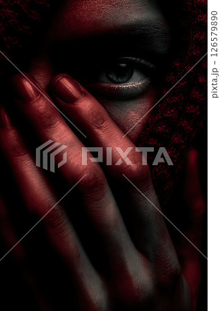 Mysterious person covers half their face with hand, dramatic red lighting, intense emotion Mysterious person covers half their face with hand, dramatic red lighting, intense emotion 126579890