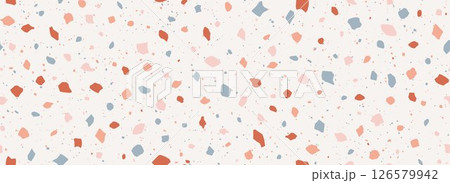 Light beige Terrazzo seamless pattern. Repeating granite stone texture. Colored Italian mosaic surface design for paving, floor tile swatch, decoration. Venetian marble background concept. Vector 126579942