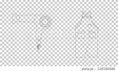 理髮店或美容院專業吹風機和圍裙的線條畫插圖 126580086