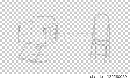 理髮美容院專業套裝辦公桌和剪髮椅的線條畫插圖 126580089