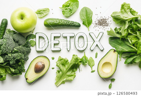 Healthy detox: fresh green vegetables and fruits for natural cleanse and word DETOX 126580493