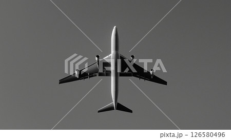 Monochrome view of airplane flying against clear sky Monochrome view of airplane flying against clear sky 126580496