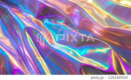 Vibrant iridescent foil fabric with rainbow colors and shimmering texture 126580500