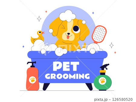 Pet Grooming Vector Illustration featuring the Maintenance of Cleanliness, Health, and Appearance of Pets such as a Dog or Cat in a Background 126580520