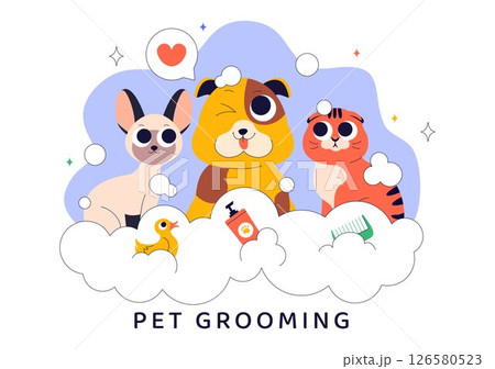 Pet Grooming Vector Illustration featuring the Maintenance of Cleanliness, Health, and Appearance of Pets such as a Dog or Cat in a Background Pet Grooming Vector Illustration featuring the Maintenance of Cleanliness, Health, and Appearance of Pets such as a Dog or Cat in a Background 126580523