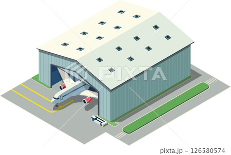 Isometric airplane in hangar exterior Isometric airplane in hangar exterior 126580574