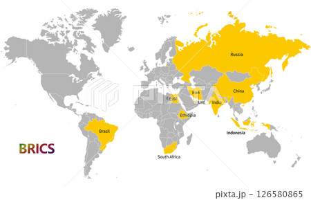 世界地図とBRICSの加盟国、2025年5月現在、英語の国名入り 126580865