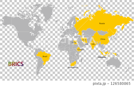 世界地図とBRICSの加盟国、2025年5月現在、英語の国名入り 126580865