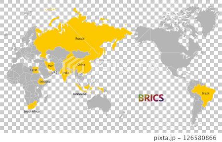 World map with BRICS member countries as of May 2025, with English country names 126580866
