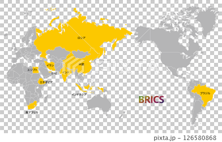 截至 2025 年 5 月的世界地圖及金磚國家成員國，附日文國家名稱 126580868