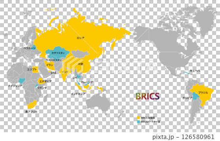 World map and BRICS countries, current member countries and partner countries as of May 2025, and country names in Japanese 126580961