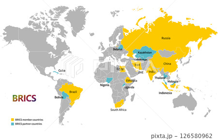 世界地図とブリックスの国々、2025年5月現在の加盟国とパートナー国、英語の国名 126580962