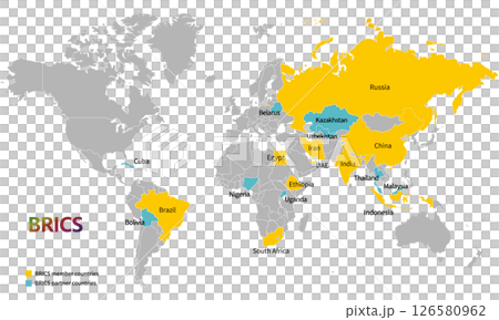 世界地図とブリックスの国々、2025年5月現在の加盟国とパートナー国、英語の国名 126580962